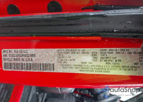 2021 Jeep Wrangler Sport 4X4 from USA, damaged, VIN 1C4GJXAG5MW521959